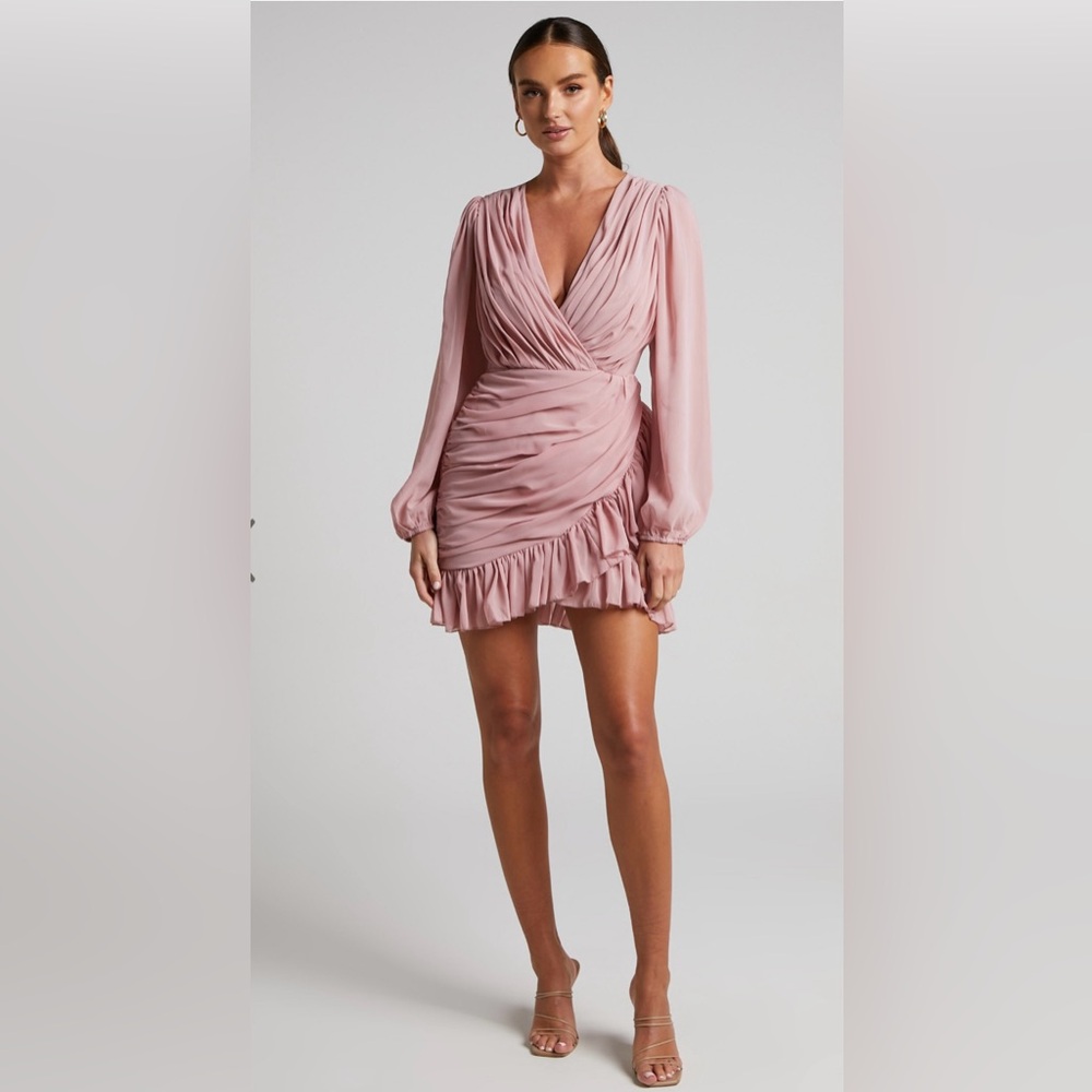 Showpo Pink Ruched Wrap Dress with Bishop Sleeves